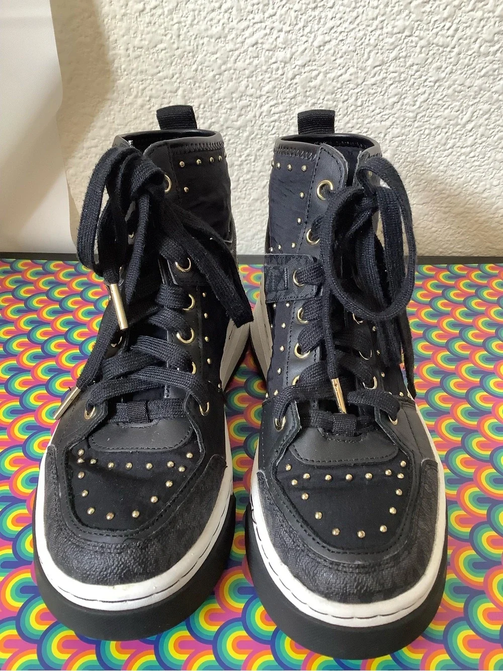 Michael Kors Lexi High-Top Platform Sneakers Black Gold Studs Size 5